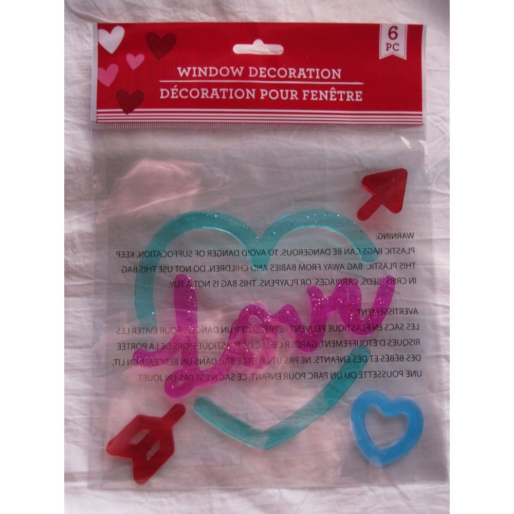 NEW Valentines‎ Day Love Hearts Arrow Glitter Window Gel Clings Stickers 6 pc.